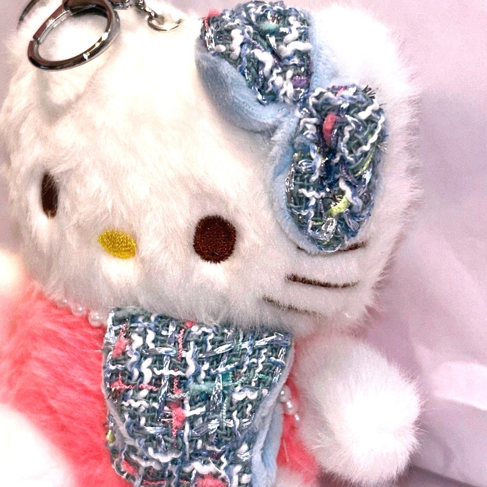 Kawaii Cat Plush Keychain Blue Tweed Bow Purse Charm 4" Cute - Picture 4 of 5